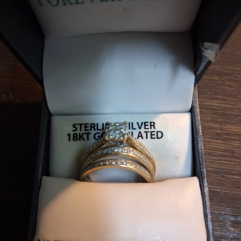 18KT Gold-Plated Sterling Silver Diamond Bridal Ring Set - White/Gold